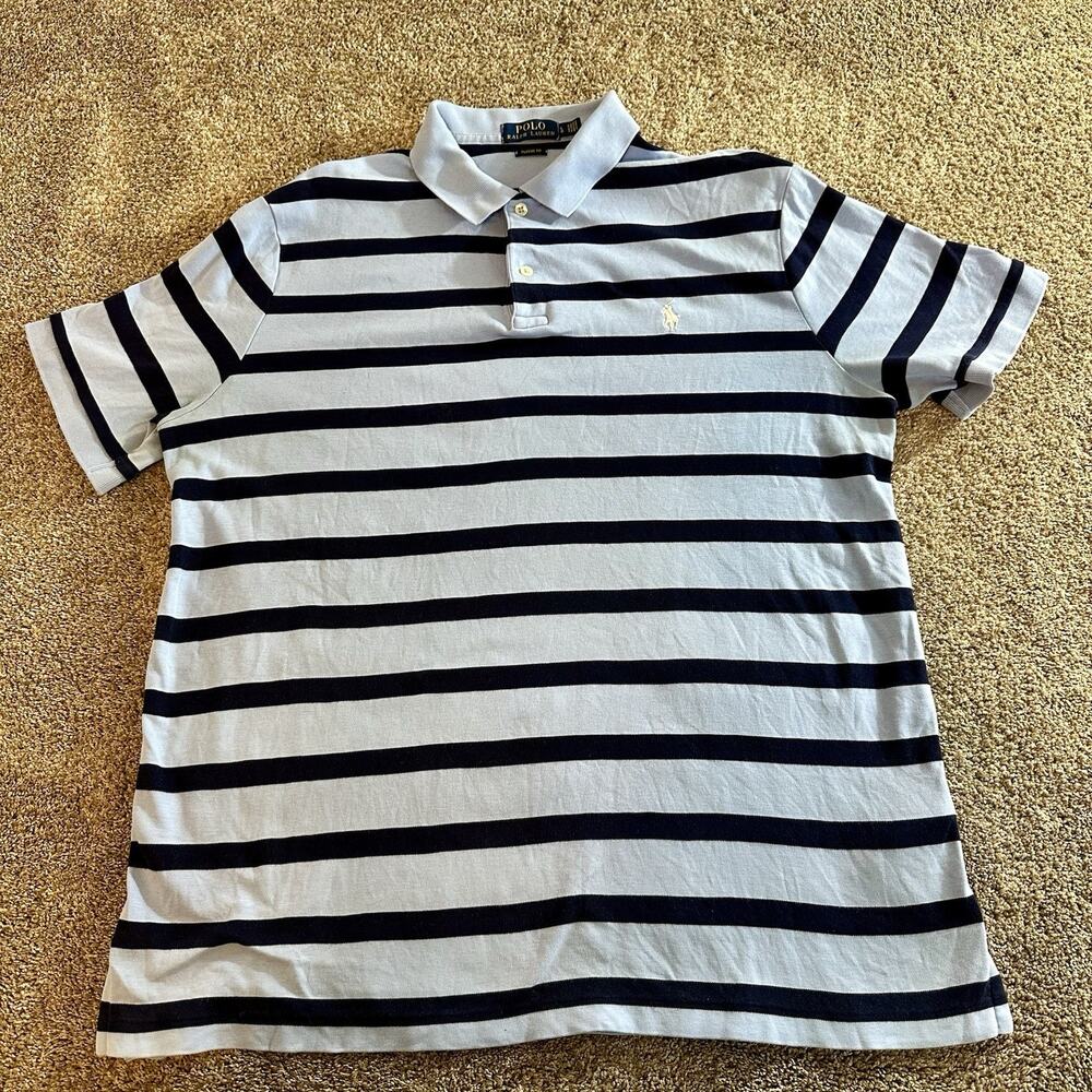 Polo by Ralph Lauren Mens L 100% Cotton Shirt Blue Light Blue Stripes Pony Golf
